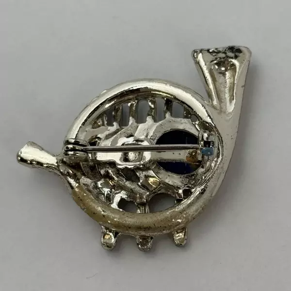 Silver Tone Mother of Pearl And Rhinestone French Horn Brooch