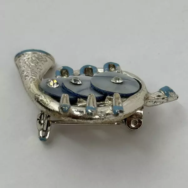 Silver Tone Mother of Pearl And Rhinestone French Horn Brooch