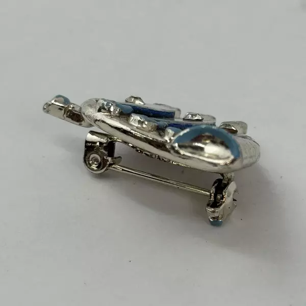 Silver Tone Mother of Pearl And Rhinestone French Horn Brooch