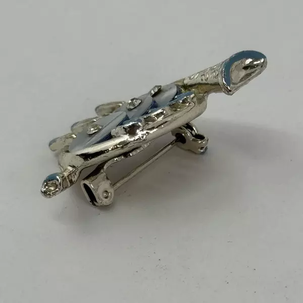 Silver Tone Mother of Pearl And Rhinestone French Horn Brooch