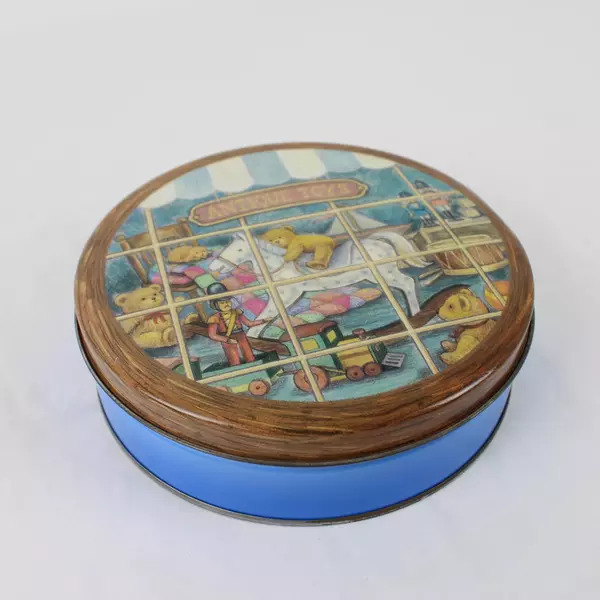 Antique Toys Cookie Tin with Vintage Toy Shop Design Collectible Canister
