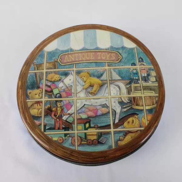 Antique Toys Cookie Tin with Vintage Toy Shop Design Collectible Canister