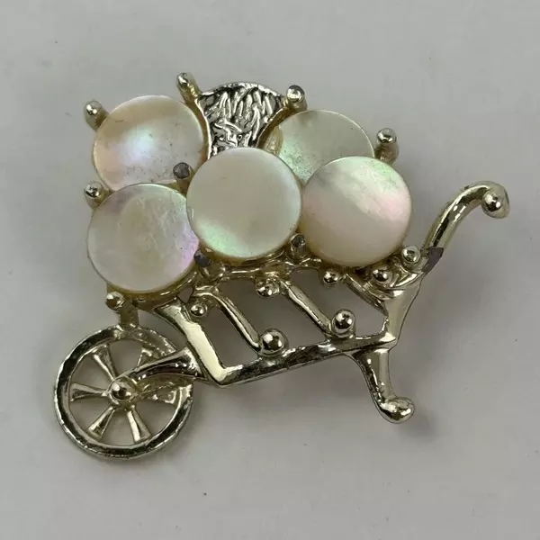 Gold Tone Mother of Pearl Wheelbarrow Brooch