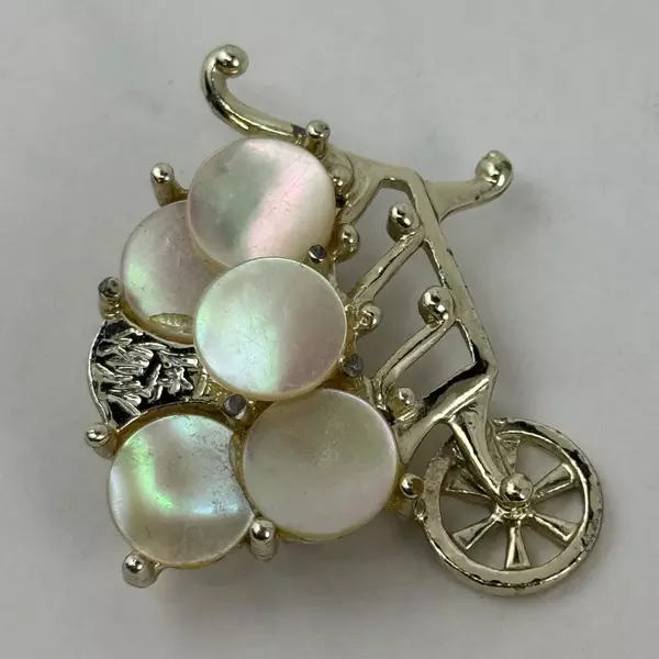 Gold Tone Mother of Pearl Wheelbarrow Brooch