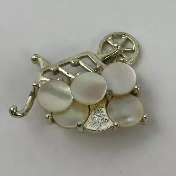 Gold Tone Mother of Pearl Wheelbarrow Brooch