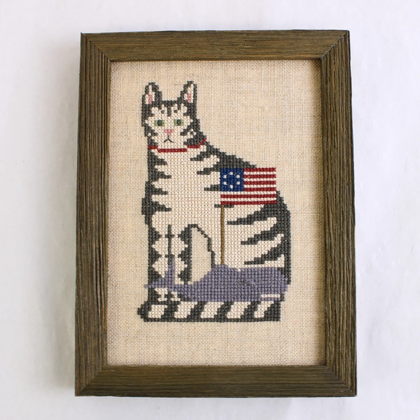 Wooden Framed Cross Stitch Cat With American Flag 6.5" x 8.12"