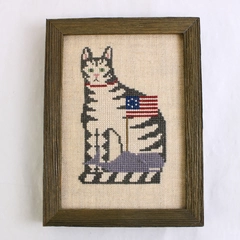 Wooden Framed Cross Stitch Cat With American Flag 6.5" x 8.12"