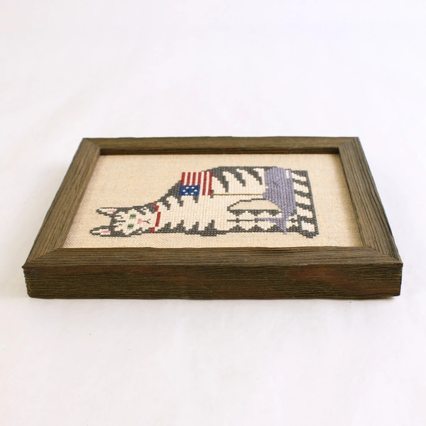 Wooden Framed Cross Stitch Cat With American Flag 6.5" x 8.12"