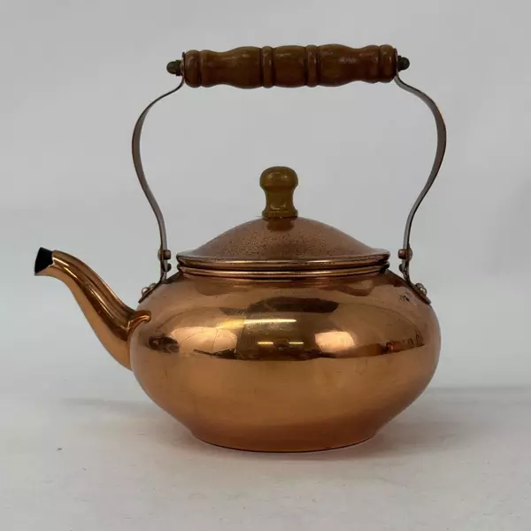 1984 FTDA Copper Metal Teapot With Wood Handles