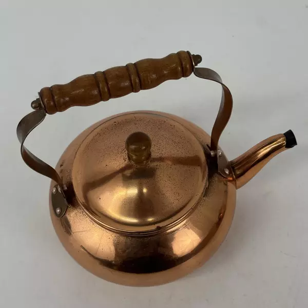 1984 FTDA Copper Metal Teapot With Wood Handles