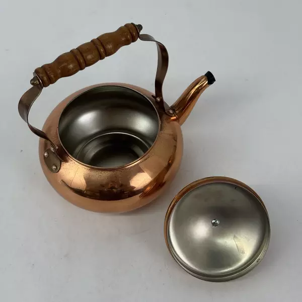 1984 FTDA Copper Metal Teapot With Wood Handles