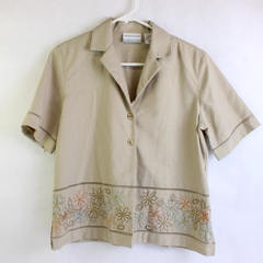 Alfred Dunner Petite Button Up Collared Blouse Beige Embroidered Woman's 10