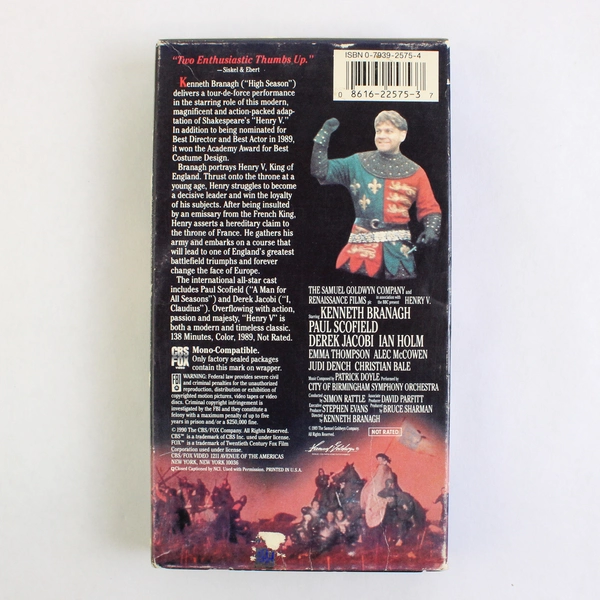 VHS Tape Henry V Starring Kenneth Branagh 1989 Previous Rental