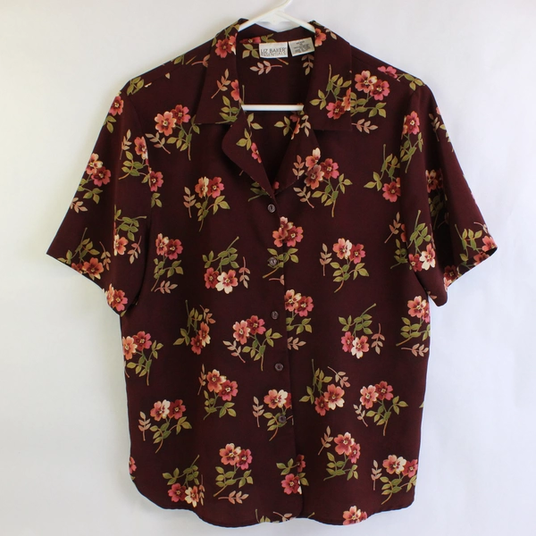 Liz Baker Essentials Button Up Blouse Plum Floral Shortsleeve Women's Size 10