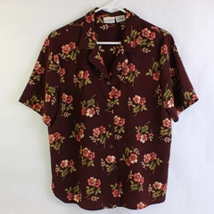 Liz Baker Essentials Button Up Blouse Plum Floral Shortsleeve Women's Size 10