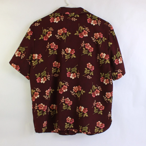 Liz Baker Essentials Button Up Blouse Plum Floral Shortsleeve Women's Size 10