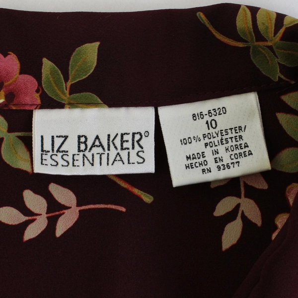 Liz Baker Essentials Button Up Blouse Plum Floral Shortsleeve Women's Size 10