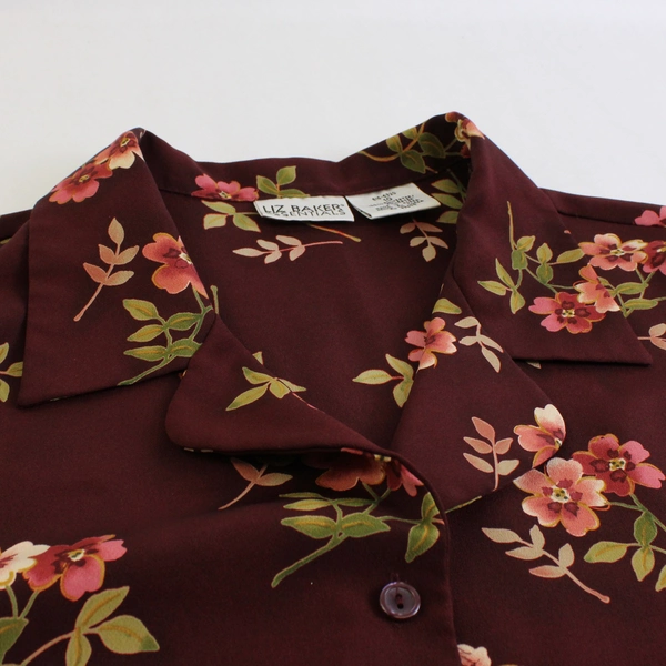 Liz Baker Essentials Button Up Blouse Plum Floral Shortsleeve Women's Size 10