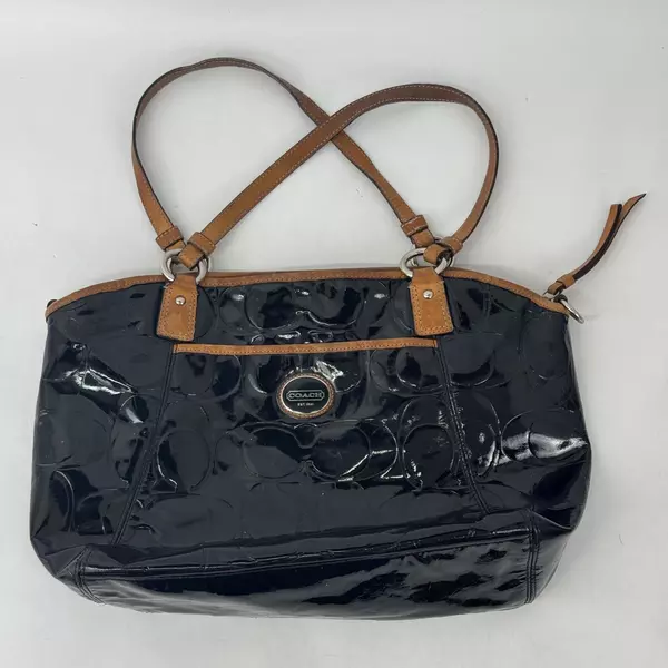 COACH F20028 Black Patent Leather Tote Bag Embossed Logo Made In China