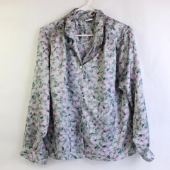Pykettes Button Up Collared Long Sleeve Gray/Purple Floral  Women's Size 12