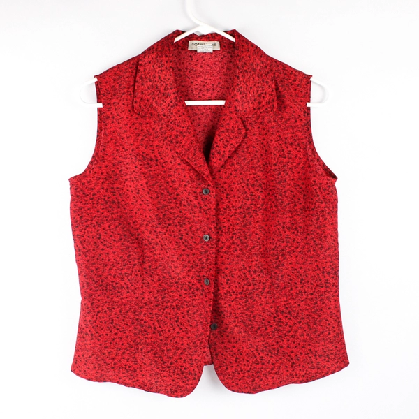 Notations Petite Sleeveless Button Up Collar Red Rose Pattern Women's PM