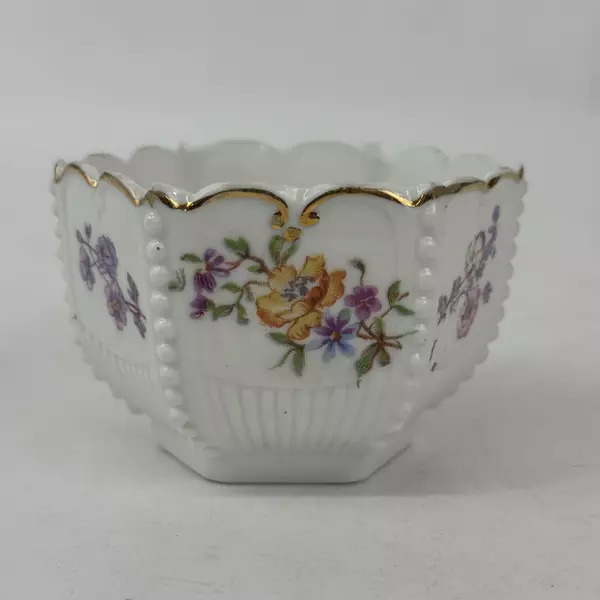 Vintage White Hexagon Shaped Hand Painted Porcelain Bowl Floral Pattern