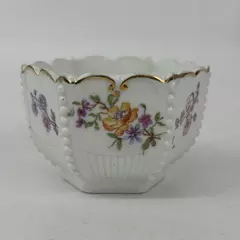 Vintage White Hexagon Shaped Hand Painted Porcelain Bowl Floral Pattern