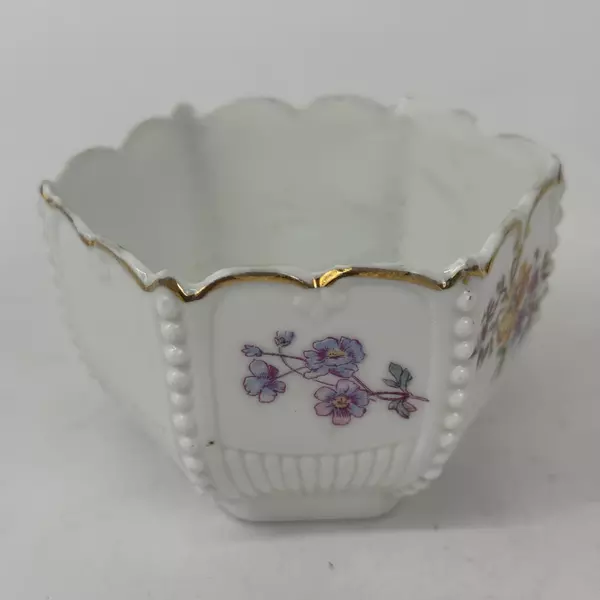 Vintage White Hexagon Shaped Hand Painted Porcelain Bowl Floral Pattern