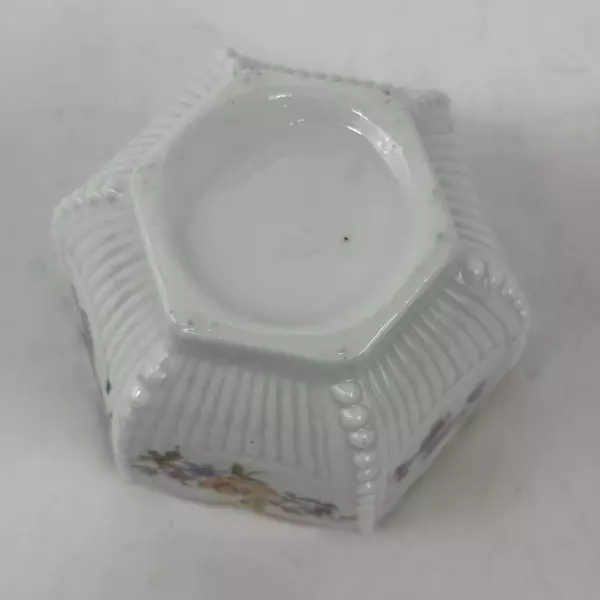 Vintage White Hexagon Shaped Hand Painted Porcelain Bowl Floral Pattern