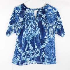 Worthington Petite Blue Fish Scales Pattern Short Sleeve Shirt Womans Size PM