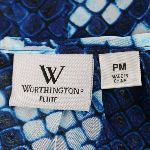 Worthington Petite Blue Fish Scales Pattern Short Sleeve Shirt Womans Size PM