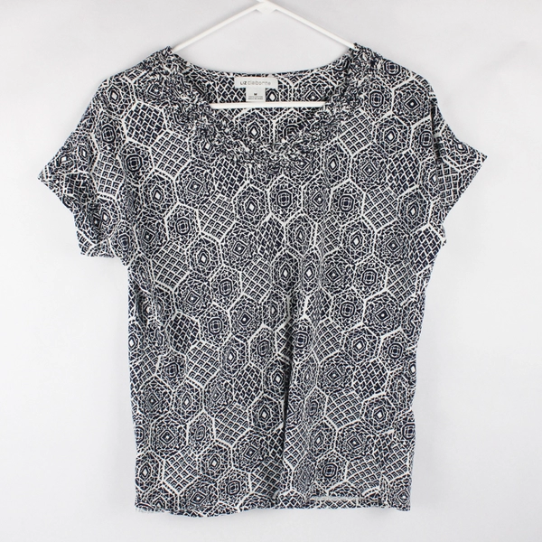 Liz Clairborne Short Sleeve Blouse Abstract Pattern Blue/White Women's Size M
