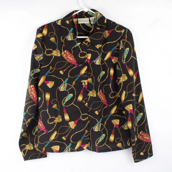 Christie & Jill Button Up Long Sleeve Collared Shirt Tassel Pattern Women's 13