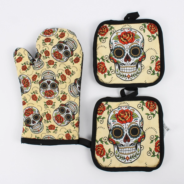 3 Piece Set Sultan's Linens Dia De Los Muertos Oven Mitt & Pot Holders