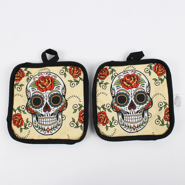 3 Piece Set Sultan's Linens Dia De Los Muertos Oven Mitt & Pot Holders
