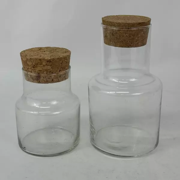 Set of 2 Cylinder Shaped Clear Glass Jars With Cork Lids 5" and 7"