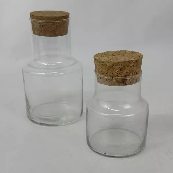 Set of 2 Cylinder Shaped Clear Glass Jars With Cork Lids 5" and 7"