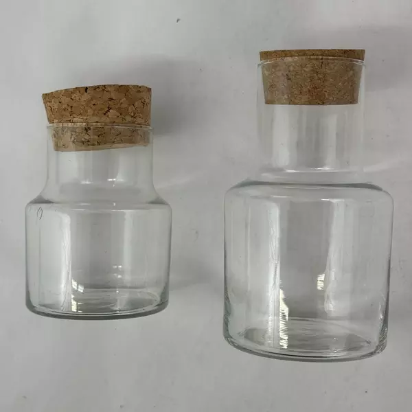 Set of 2 Cylinder Shaped Clear Glass Jars With Cork Lids 5" and 7"