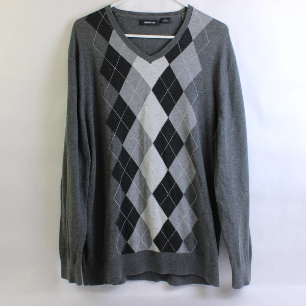 Claiborne Gray Argyle V-Neck Cotton Sweater Men's XL