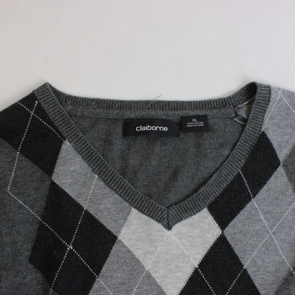 Claiborne Gray Argyle V-Neck Cotton Sweater Men's XL