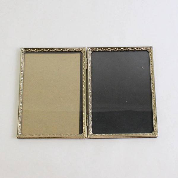 Vintage Double Picture Frame 5 x 7 Embossed Gold Toned Clear Glass Hinged