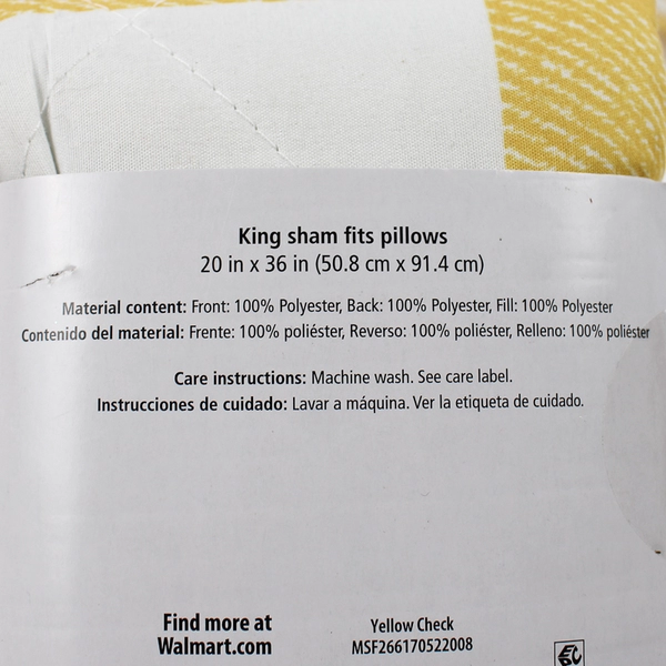Lot Of 2 Walmart Mainstays Yellow/White Check King Pillow Sham 20" x 36" 2022