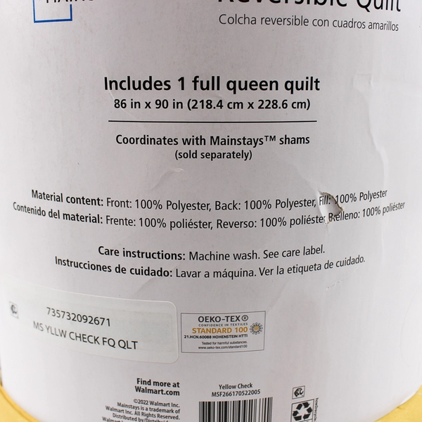 Walmart Mainstays Yellow/White Check King Reversible Quilt 86" x 90" 2022