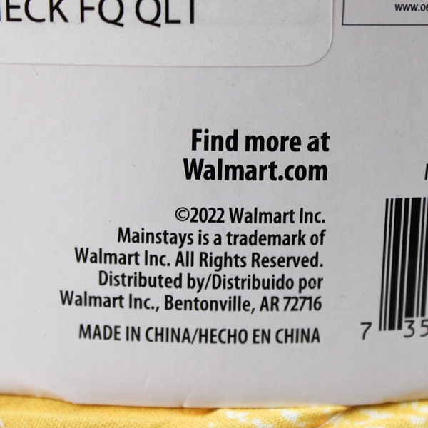 Walmart Mainstays Yellow/White Check King Reversible Quilt 86" x 90" 2022