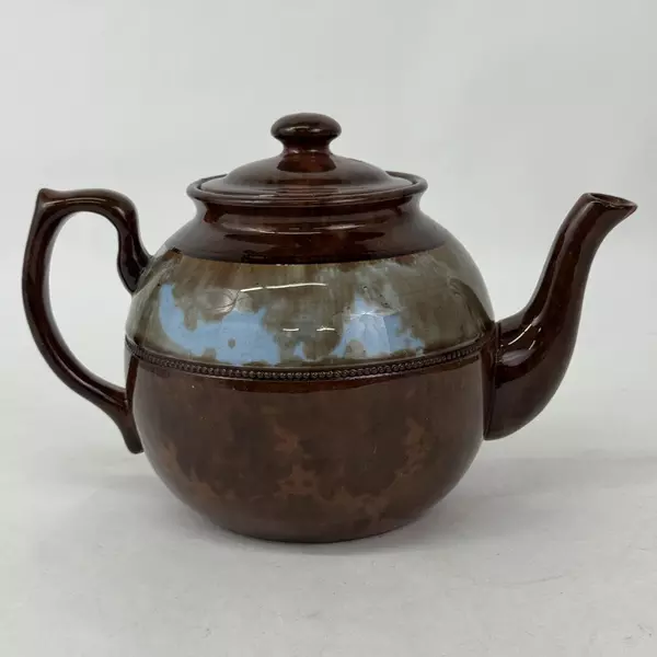 Vtg Britannia Pottery Brown Teapot with A Blue and Brown Band