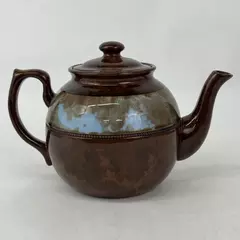 Vtg Britannia Pottery Brown Teapot with A Blue and Brown Band