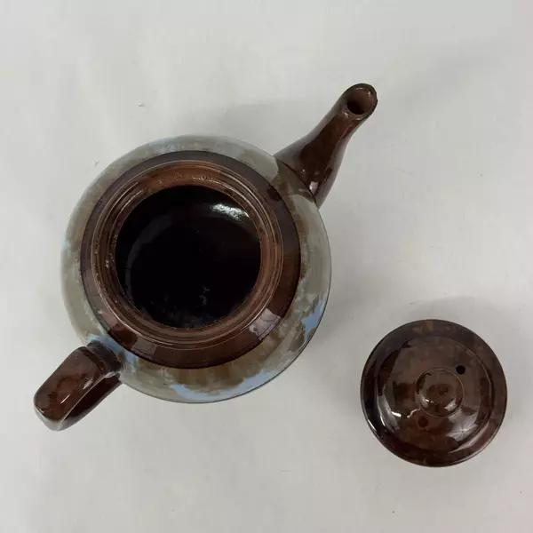 Vtg Britannia Pottery Brown Teapot with A Blue and Brown Band