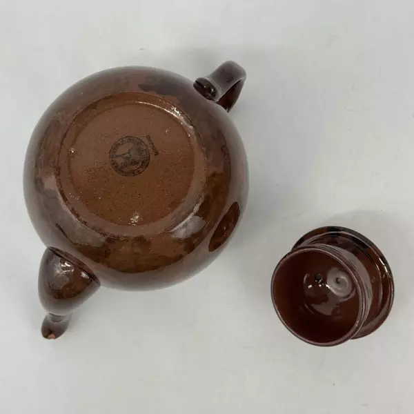 Vtg Britannia Pottery Brown Teapot with A Blue and Brown Band