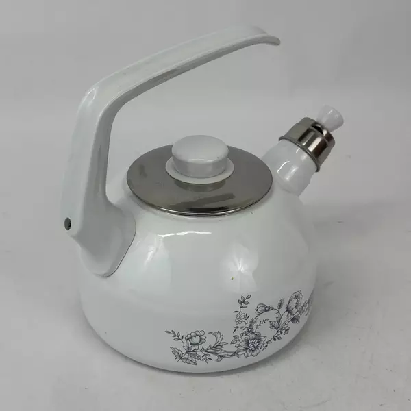 Vintage White Enamelware Whistling Tea Kettle With Blue Floral Pattern