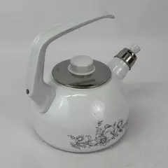 Vintage White Enamelware Whistling Tea Kettle With Blue Floral Pattern